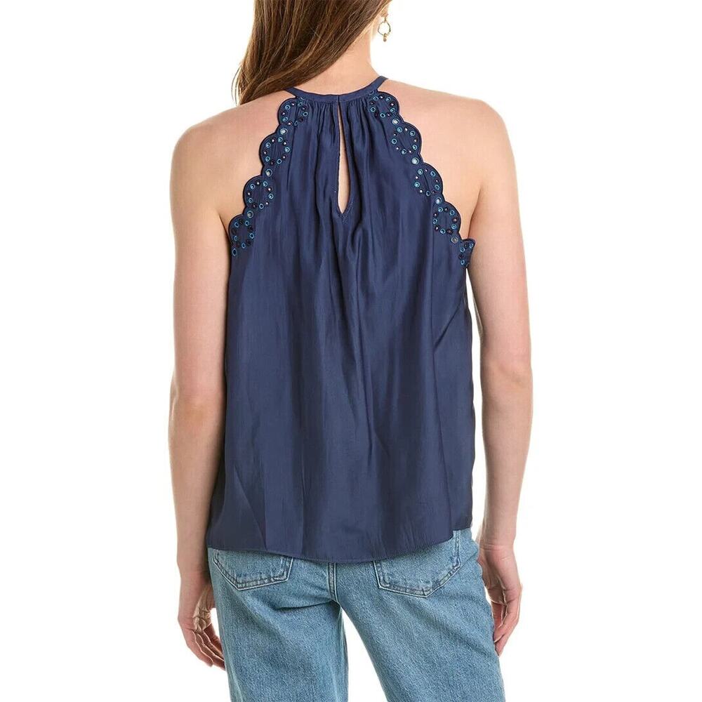 NWT Ramy Brook Calla Blouse Top Women Size S Navy Blue Scallop Eyelet Trim $295 - Picture 2 of 12
